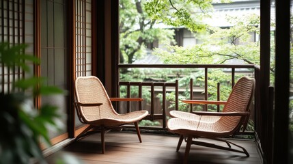 Two wicker chairs sit on a traditional japanese balcony