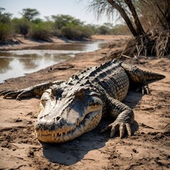 Fototapeta premium Crocodile Resting on Dusty Riverbed, Covered in Mud and Surrounded by Dry Grass
