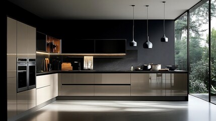 Modern Beige Kitchen: Sleek Design, Dark Accents, Natural Light