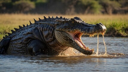 Fototapeta premium Crocodile Hunting Wildebeest Near Watering Hole, Dramatic Struggle in Water