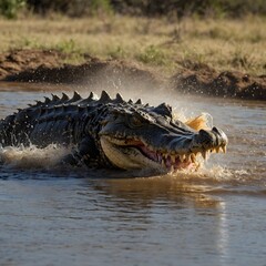 Obraz premium Wild Pursuit: Crocodile vs Wildebeest at Watering Hole in Intense Battle