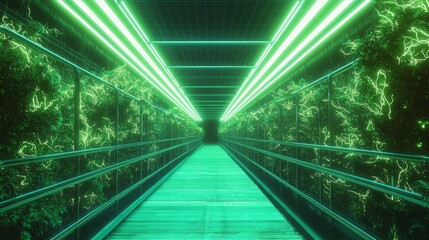 Illuminated Meshed Walkway Through a Minimalist Orchard Space