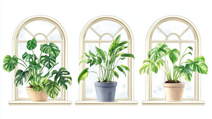 Set of three different arched windows with green plants in pots on the window sills