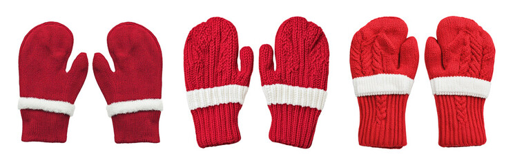 Cozy Red Mittens with White Stripes for Winter Use Isolated on transparent background