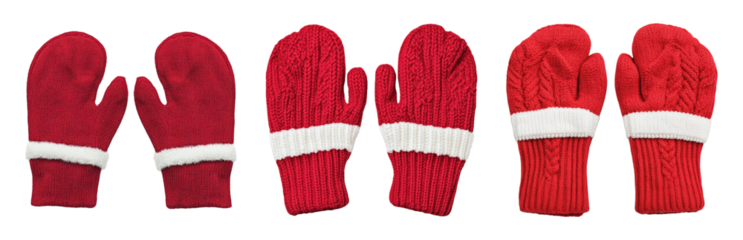 Cozy Red Mittens with White Stripes for Winter Use Isolated on transparent background