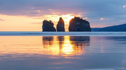 Stunning Sunset Coastline  Three Rock Islands Silhouette at Golden Hour