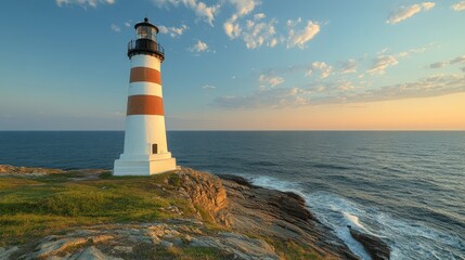 Fototapeta premium Coastal Beacon A Striking Lighthouse on the Ocean Shoreline Under a Scenic Sky at Dawn A Symbol of Navigation and Maritime Safety