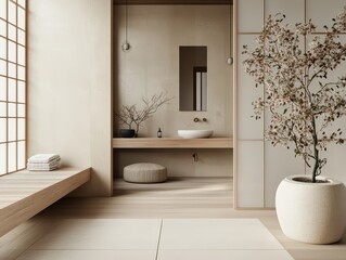 Serene minimalist bathroom featuring natural light and floral accents