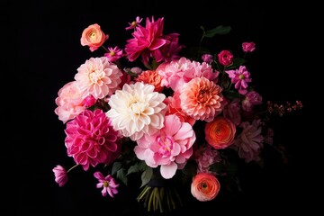Colorful flower bouquet, pink and orange flowers, dark background, event decoration