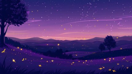 Fototapeta premium Enchanted Night Sky with Stars and Fireflies in a Serene Landscape