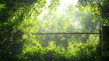 Overgrown Green Fence with Sunlit Leaves and Trees