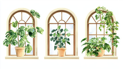 Set of three different arched windows with green plants in pots on the window sills