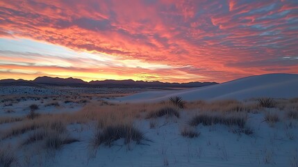 Vibrant Sunset Over Dunes with Colorful Sky and Grassy Landscape