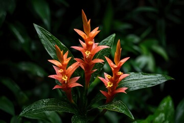 Fototapeta premium Orange Bromeliad flower blooms in the jungle garden with dark foliage background
