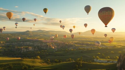 Colorful Hot Air Balloons Ascending Over Scenic Landscape at Sunrise