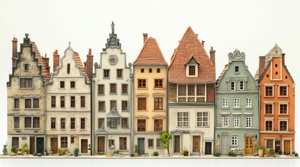 Fototapeta premium Miniature Antique Townhouses Showcase Whimsical Architectural Details and Intricate Facades in a Quaint Row on a White Background