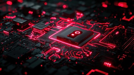 Red Illuminated Circuit Board Showing Digital Security