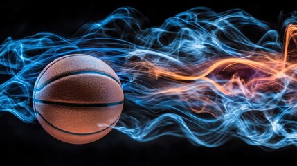 A basketball surrounded by colorful, swirling smoke effects, symbolizing motion and energy.