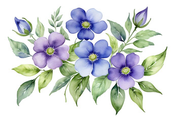 Obraz premium Watercolor artwork featuring tropical spring blooms and green foliage isolated on a transparent PNG background, suitable for bouquet greetings or wedding card designs. Generative AI
