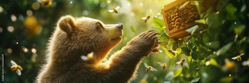 Leinwandbilder curious bear explores beehive while surrounded by buzzing bees in a lush forest. generative ai