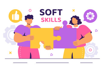 Vector Illustration of Office Workers Demonstrating Soft Skills such as Empathy, Communication, Idea Development, Teamwork, and Professional Growth