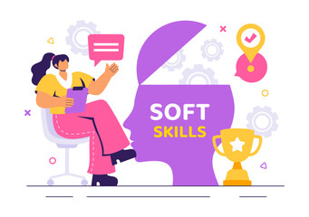 Vector Illustration of Office Workers Demonstrating Soft Skills such as Empathy, Communication, Idea Development, Teamwork, and Professional Growth