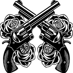 crossed revolvers adorned with roses,  sketch engraving illustration. Scratch board imitation. Black and white image.