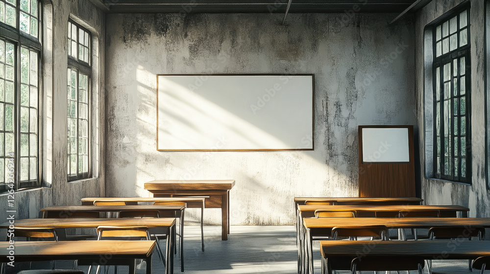 Poster an empty classroom with desks and chairs arranged neatly, featuring an old-fashioned whiteboard on t