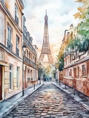 Obraz premium Charming street view of the Eiffel Tower in Paris at sunset with beautiful buildings lining the cobblestone road. Generative AI