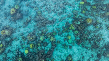 Top view, sandy beach background for summer vacation concept. Nature of beach and summer sea water with sunlight, sparkling sea water, coral reefs, underwater.	
