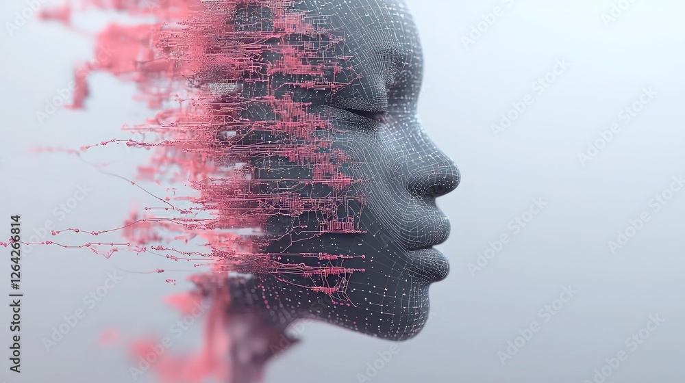 Aufkleber futuristic ai face digital human network technology interface mesh cyberpunk data s