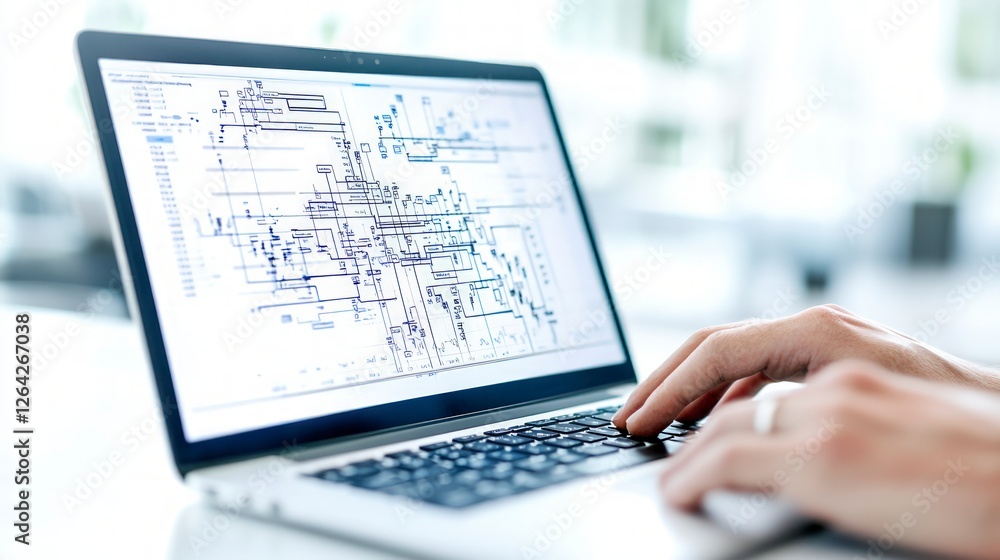 Poster engineer working on cad software on laptop blueprint design