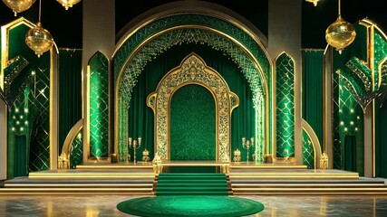 A green room with gold accents and a large green archway for Ramadan or muslim event. The room is empty and has a very elegant and luxurious feel to it