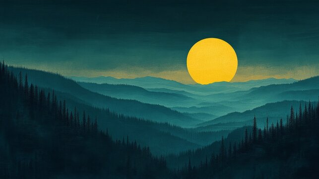 Moonrise Over Mountain Ridges Pixelated Style Vintage Landscape Illustration Retro Sunset Graphic Nature Exploration and Serene Scene