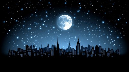 Night Cityscape Under a Shimmering Moon and Starry Sky Dark Silhouette of Buildings Against a Celestial Backdrop