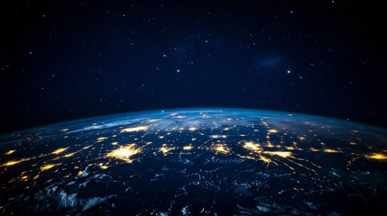 Obraz premium A stunning view of Earth from space, showing illuminated cities at night. Perfect for illustrating global connectivity, sustainability, Earth Hour, and environmental awareness.