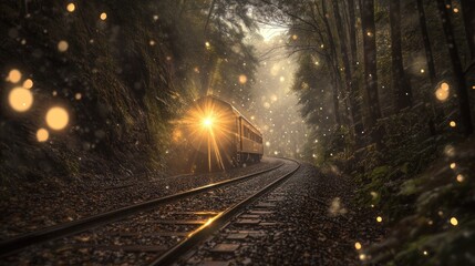 Obraz premium Magical forest train journey, light beams, misty valley, travel poster