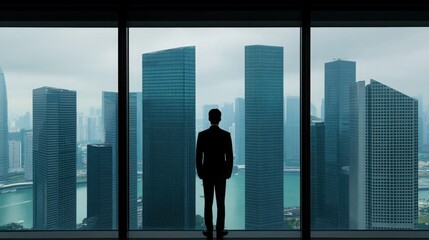 Fototapeta premium Businessman Silhouette in Modern Office Overlooking Skyscrapers and Urban Landscape Under Cloudy Sky, Symbolizing Success and Ambition in Corporate World