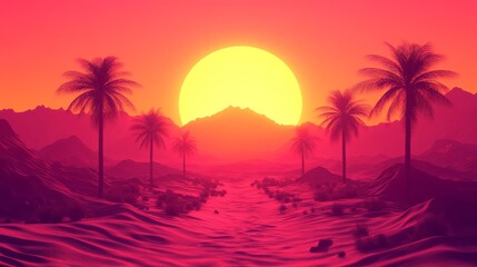 Crimson Horizon A Tropical Sunset Landscape With Silhouetted Palms and Vibrant Sunset Shades, Inviting Warmth and Serenity