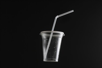 Clear plastic coffee cup and cap and straw glass black background refreshment.