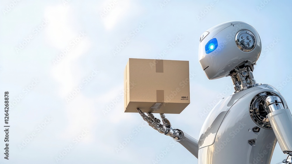 Poster futuristic robot delivery ai package automated shipping sky background
