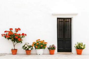 Naklejka premium Home entrance with colorful flowers in pots. Background is a white textured wall