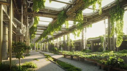 Obraz premium Lush Green Courtyard Surrounded by Thick Steel Beams and Plants