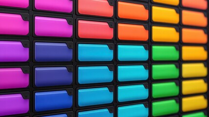 Colorful Organization in Office Space with Vibrant File Folders Arranged Neatly on a Wall, Showcasing a Spectrum of Bright Colors and Curated Design Elements
