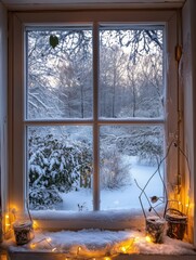 Snow covered landscape viewed through a window adorned with warm lights during winter twilight. Generative AI