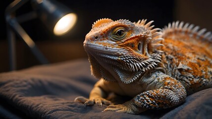 Fototapeta premium Tranquil Comfort: Bearded Dragon Relaxing Under Heat Lamp in Cozy Space