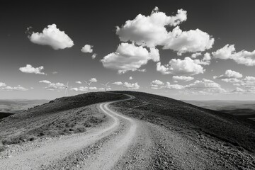 Fototapeta premium Dirt road leads uphill to turbines under sky, renewable energy concept