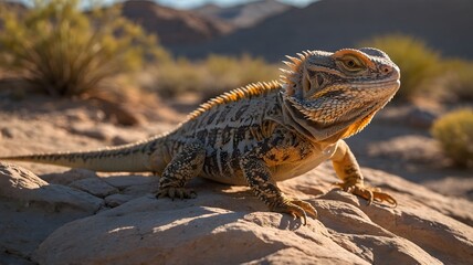 Fototapeta premium Bearded Dragon Climbing Over Rocks in Dry Desert Landscape, Mid-Motion with Long Shadows