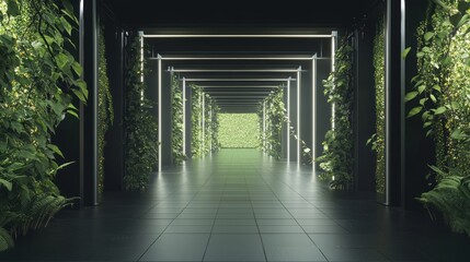 Lush Green Walkway with Glossy Black Accents in Modern Space