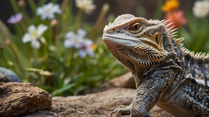 Fototapeta premium Fantasy Duel: Bearded Dragon Confronting Creature in Magical, Dreamlike Setting